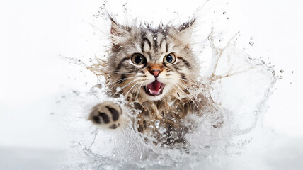 wet angry cat on a white background, water splashes, shower.