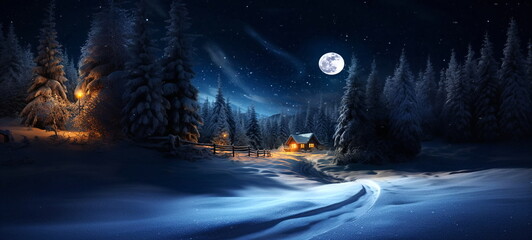 winter forest , blue night ,starry sky, full moon Christmas trees ,wooden cabin with light in windows, ,pine trees covered by snow ,winter holiday background