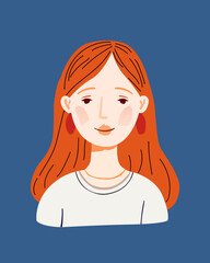 color vector illustration depicting the face of a girl with red hair in a cartoon style for prints on postcards, banners, and other illustrations