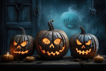 Dark halloween pumpkin with candles in a tenebrous place. Generative AI