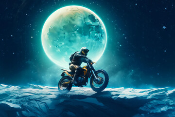 Man riding motorcycle on top of snow covered slope under full moon. Generative AI.