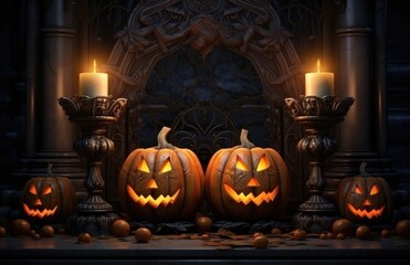 Dark halloween pumpkin with candles in the fireplace. Decoration at home. Generative AI
