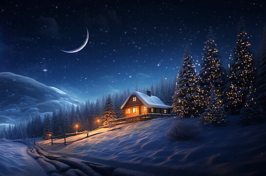 Winter Forest , Blue Night ,starry Sky, Full Moon Christmas Trees ,wooden Cabin With Light In Windows, ,pine Trees Covered By Snow ,winter Holiday Background