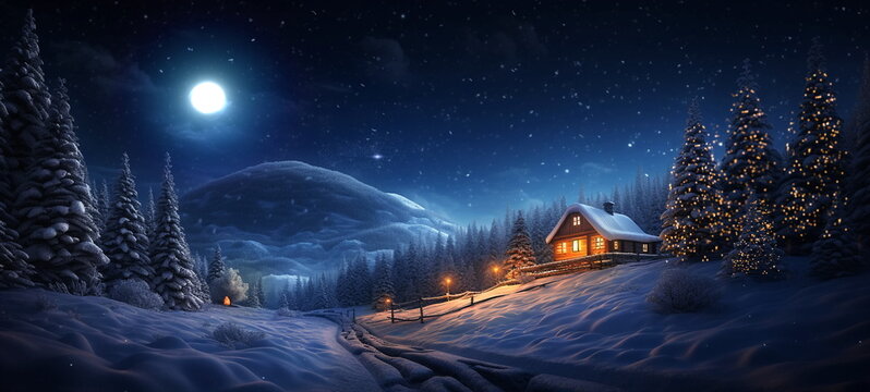 winter forest , blue night ,starry sky, full moon Christmas trees ,wooden cabin with light in windows, ,pine trees covered by snow ,winter holiday background