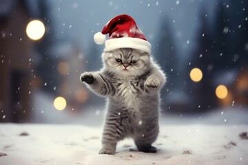 Grey cat with Christmas hat in the snowed street. Generative AI - obrazy, fototapety, plakaty