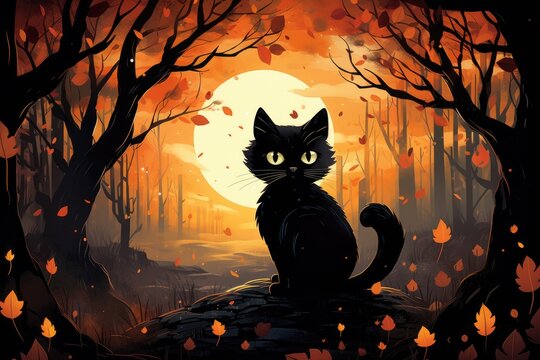 Kitty cat sitting in front of a full moon. Generative AI