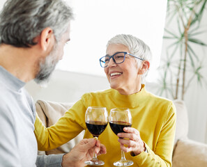 love senior woman couple home wine glass celebration toast wineglass alcohol cheers holiday beverage red romantic anniversary dating toasting valentine eve portrait happy husband wife