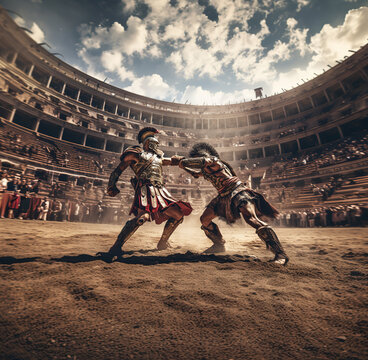 Spartacus and Gladiator fight in the Arena of the Colosseum, ai art