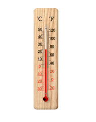 Wooden celsius and fahrenheit scale thermometer isolated on transparent background. Ambient temperature plus 25 degrees - obrazy, fototapety, plakaty