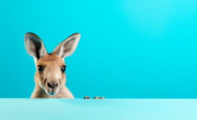 Creative animal concept. Kangaroo peeking over pastel bright background.