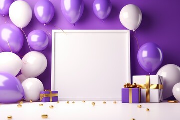 purple gift box and balloons with white board