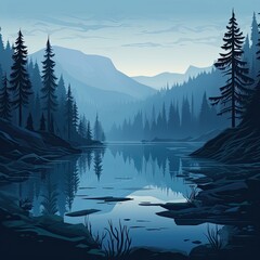 Mountains and trees encircle a misty body of water. (Generative AI)