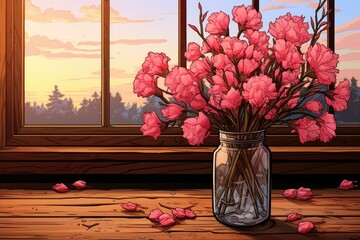 On a wooden table, sits a vase with pink flowers. (Generative AI)