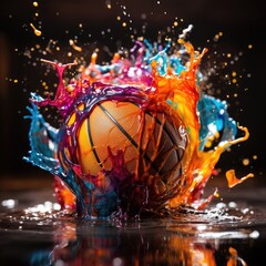This image displays a colorful basketball with splashes. (Generative AI)
