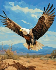 The bald eagle soars, wings wide, through the air. (Illustration, Generative AI)