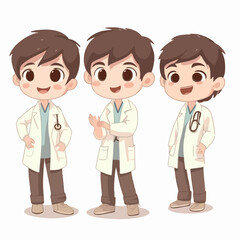 Fototapeta premium Boy in doctor attire, cartoon illustration, vector pose, little child.