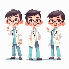 Doctor kid with medical gear, vector pose, young boy, cartoon style.