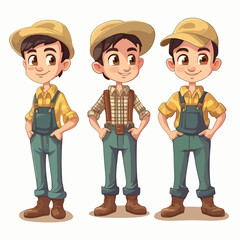 Cartoon boy dressed as a farmer, vector pose, young kid, cartoon style.