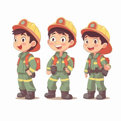 Firefighter boy dressed in firefighting gear, vector illustration, young kid, multipose.
