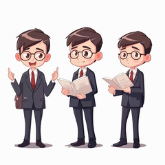 Obraz premium Lawyer kid in legal clothes, cartoon illustration, young boy, vector pose.