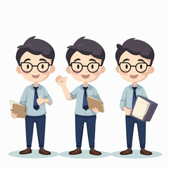 Obraz premium Teacher kid with academic outfit, vector pose, young boy, cartoon style.