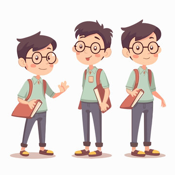 Teacher kid in educational clothes, cartoon illustration, young boy, vector pose.