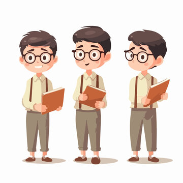 Teacher boy with professional outfit, vector pose, little child, cartoon illustration.