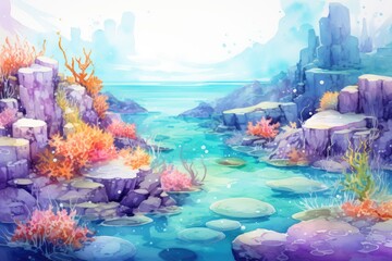 Fototapeta na wymiar Serene watercolor painting of a lake