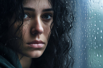 sad woman looking through window condensation