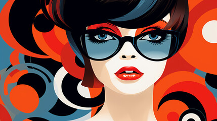 abstract colorful illustration of a woman with glasses close-up in retro seventies style. Generative Ai. 