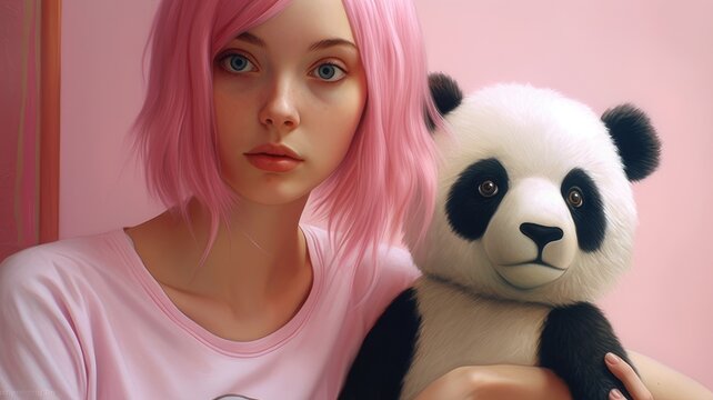 blonde in pink plays with a panda
