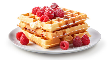 Watch out waffles with raspberries and cream on a saucer on a white background. Generative Ai. 