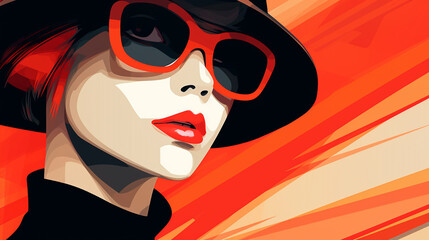 brightly illustration with a woman in a hat and black glasses on a red background, in retro seventies style. Generative Ai. 