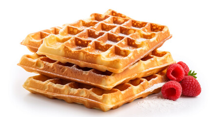 Belgian waffles with raspberries on a white background. Generative Ai. 
