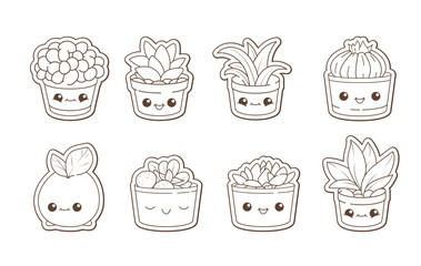 Cute vector stickers with house plants. Hand drawn stickers on white background isolated from general background. 