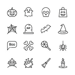 Halloween event  thin line icons set,  example sign of horror,  pumpkin, ghost, skull, trick or treat. vector illustration