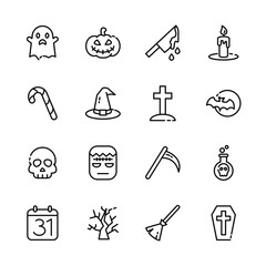 Halloween event  thin line icons set,  example sign of horror,  pumpkin, ghost, skull, trick or treat. vector illustration