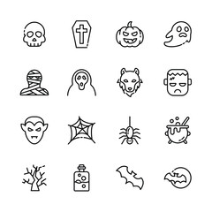 Fototapeta premium Halloween event thin line icons set, example sign of horror, pumpkin, ghost, skull, trick or treat. vector illustration