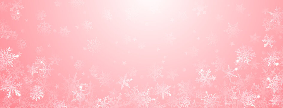 Christmas background of beautiful complex big and small snowflakes in pink colors. Winter illustration with falling snow