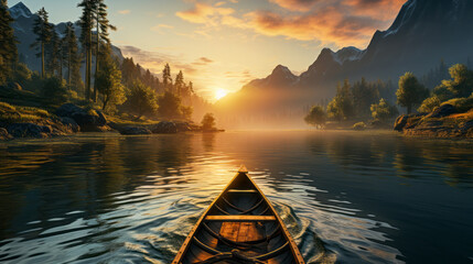 Kayaking in pristine mountain scenery at sunset. Generative AI