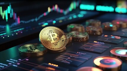 Bitcoin Cryptocurrency with price chart, Generative AI - obrazy, fototapety, plakaty