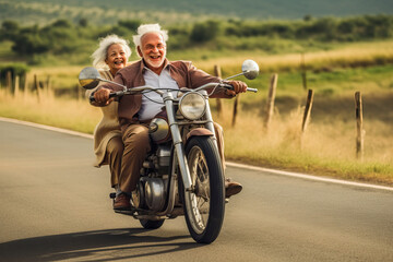 Fototapeta na wymiar Happy elderly couple on motorcycle