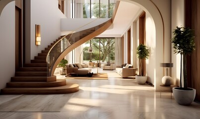 Fototapeta na wymiar Interior design of modern entrance hall with staircase in villa. Created with generative AI