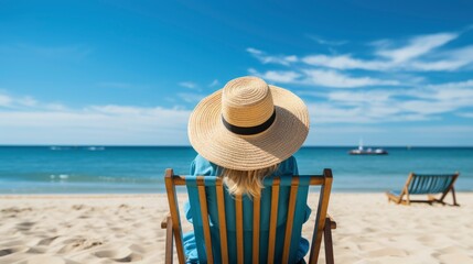 Fototapeta na wymiar Woman relaxing at tropical beach, Generative AI