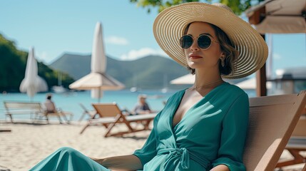 Woman relaxing at tropical beach, Generative AI