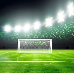 Fototapeta premium Green soccer field, bright spotlights- ai generative