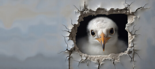 A little white seagull chick looks through a cracked hole in the wall. Creative funny wallpaper with bird. 3d render illustration style. Copy space for text.