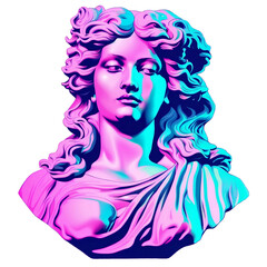 Colorful neon image with ancient greek sculpture ancient greek female head. Webpunk, vaporwave and surreal art style. Pink and blue duotone effects. Isolated on transparent background. PNG