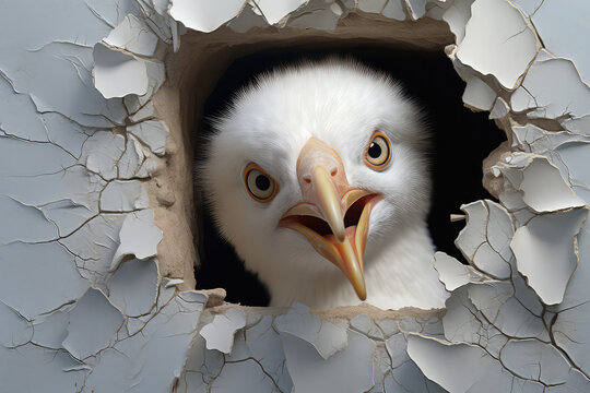A little white seagull chick looks through a cracked hole in the wall. Creative funny wallpaper with bird. 3d render illustration style.