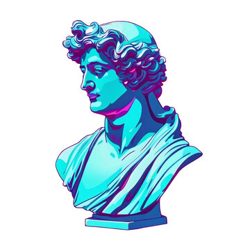 Colorful neon image with ancient greek sculpture ancient greek male head. Webpunk, vaporwave and surreal art style. Pink and blue duotone effects. Isolated on transparent background. PNG